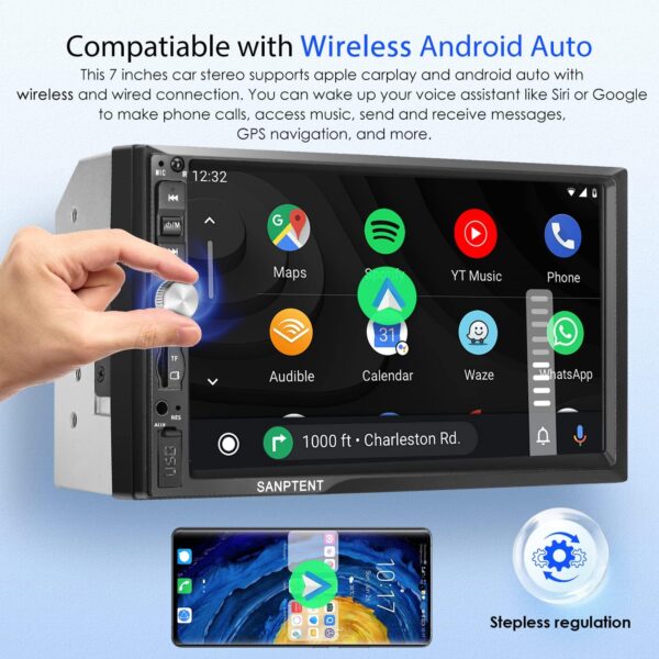 SANPTENT Double Din Car Stereo with Wireless Apple CarPlay & Android Auto, 7-Inch FHD Touchscreen Car Audio Receiver with Rear Camera, Subwoofer, FM Car Radio, USB/AUX/TF Input, Mirror Link, Bluetooth - Image 4