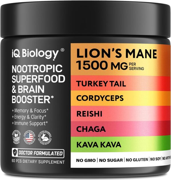 IQ BIOLOGY Bundle for Double Benefits - Lions Mane Turkey Tail Cordyceps Reishi Chaga Ashwagandha Kava Kava & Quercetin Iron Magnesium Vitamin D Vitamin C Vitamin E Probiotic Blend | 2 x 60 Caps - Image 3