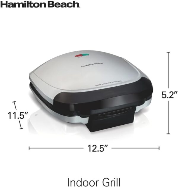 Hamilton Beach Electric Indoor Grill, 6-Serving, Large 90 sq. in. Nonstick Easy Clean Plates, Floating Hinge for Thicker Foods, 1200 Watts, 6.38"D x 12.68"W x 13.78"H , Silver (25371) - Image 9