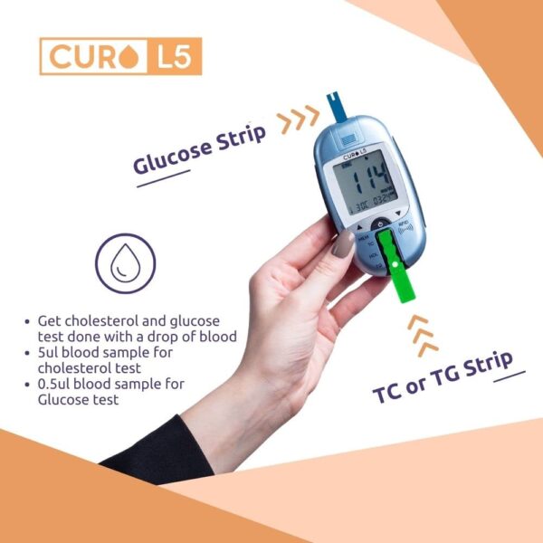 All in One CURO Home Blood Cholesterol Test Kit (L5 Device + 10 Total Cholesterol Strips + 10 Triglycerides Strips + 50 Glucose Strips Included) - Image 6