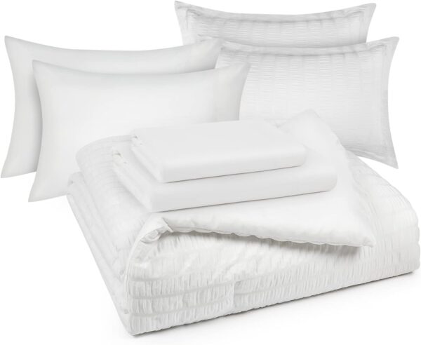 CozyLux Queen Bed in a Bag White Seersucker Comforter Set with Sheets 7-Pieces All Season Bedding Sets with Comforter, Pillow Sham, Flat Sheet, Fitted Sheet and Pillowcase - Image 9