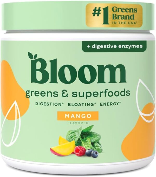 Bloom Nutrition Superfood Greens Powder, Digestive Enzymes with Probiotics and Prebiotics, Gut Health, Bloating Relief for Women, Chlorella, Green Juice Mix with Beet Root Powder, 30 SVG, Mango - Image 2