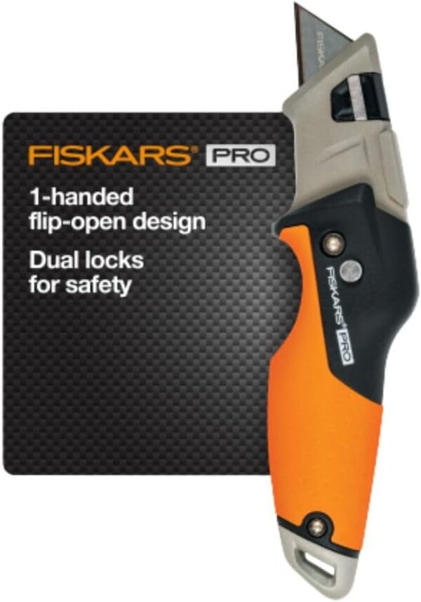 Fiskars Pro Retractable Folding Utility Knife - Box Cutter with CarbonMax Blade- Work Gear - Orange/Black - Image 2