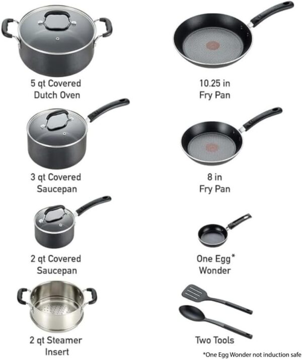 T-fal Experience Nonstick Cookware Set 12 Piece, Induction, Oven Broiler Safe 350F, Kitchen Cooking Set w/ Fry Pans, Saucepan, Stockpot, Kitchen Utensils, Pots and Pans, Dishwasher Safe, Black - Image 3