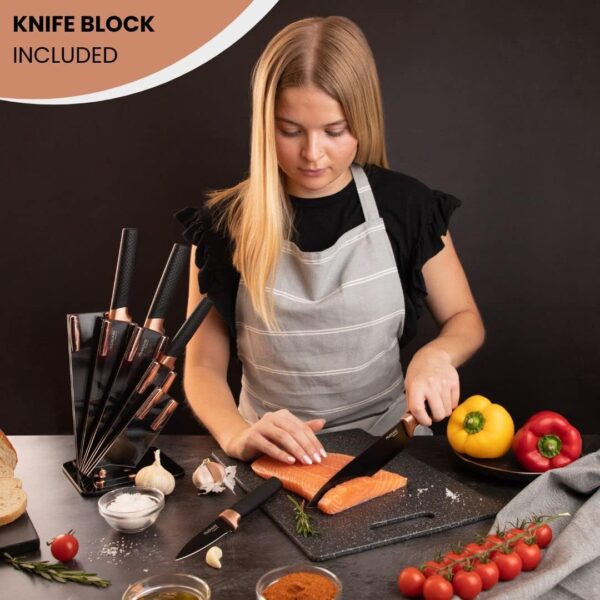 nuovva Kitchen Knife Block Set Copper 5 Piece Set with Knives Clear Acrylic Block Stainless Steel Blades - Image 7