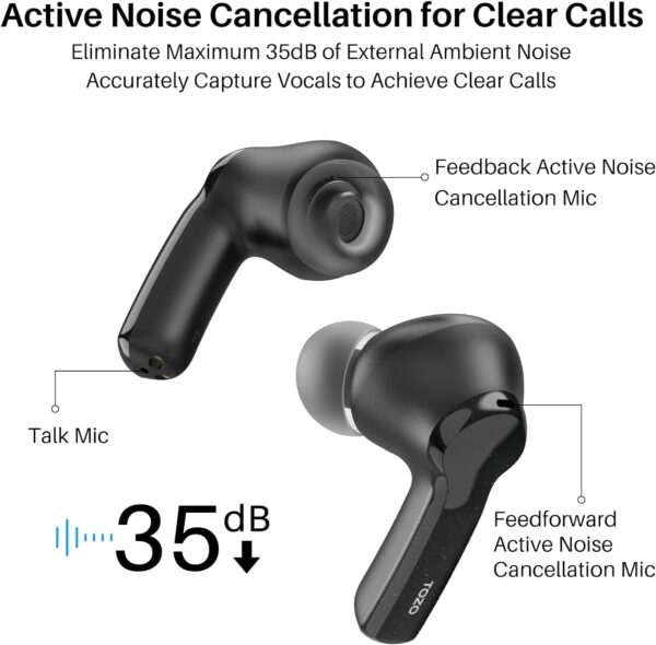 TOZO NC2 Hybrid Active Noise Cancelling Wireless Earbuds, in-Ear Detection Headphones, IPX6 Waterproof Bluetooth 5.3 Stereo Earphones, Immersive Sound Premium Deep Bass Headset Matte Black - Image 5