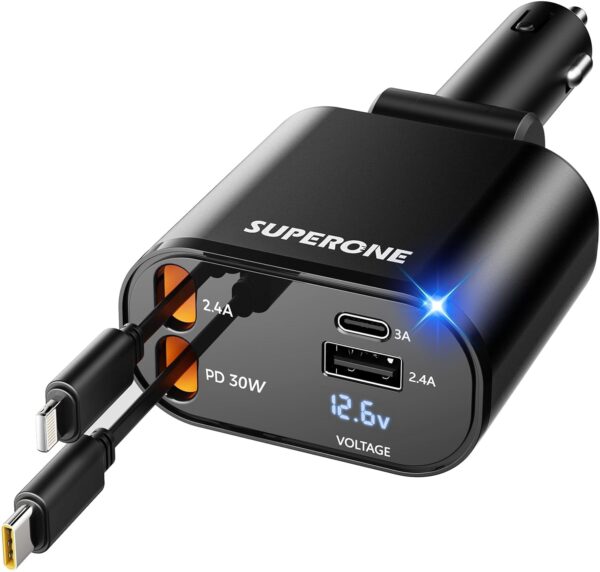 【Upgraded】 SUPERONE Retractable Car Charger 4 in 1, Fast Car Phone Charger with Cord 2.6ft, USB C and Lightning Car Charger Adapter, Compatible with iPhone 15/15 Pro Max/14/13/12/11, Galaxy, Pixel - Image 2