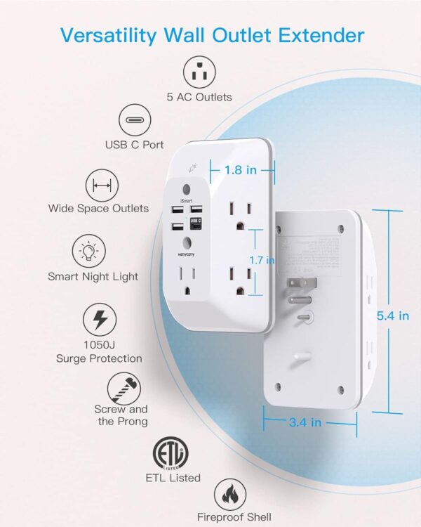 Outlet Extender with Night Light, Multi Plug Outlet, USB Wall Charger Surge Protector 4 USB Charging Port(1USB C), Power Strip Electrical Outlet Splitter Expander for Home Office Dorm Room ETL Listed - Image 4