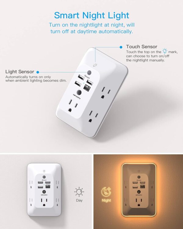 Outlet Extender with Night Light, Multi Plug Outlet, USB Wall Charger Surge Protector 4 USB Charging Port(1USB C), Power Strip Electrical Outlet Splitter Expander for Home Office Dorm Room ETL Listed - Image 3