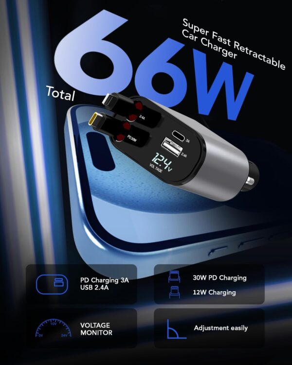 Retractable Car Charger, 4 in 1 Fast Car Phone Charger 66W, Retractable Cables and USB Car Charger,Compatible with iPhone 15/14/13/12/11,Galaxy,Pixel - Image 4