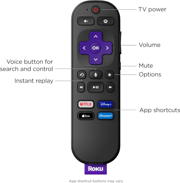 Roku Voice Remote | TV Remote Control with Voice Control, TV Controls, Simple Setup, & Pre-Set App Shortcuts - Replacement Remote Compatible with Roku TV, Roku Players, & Roku Audio - Image 4