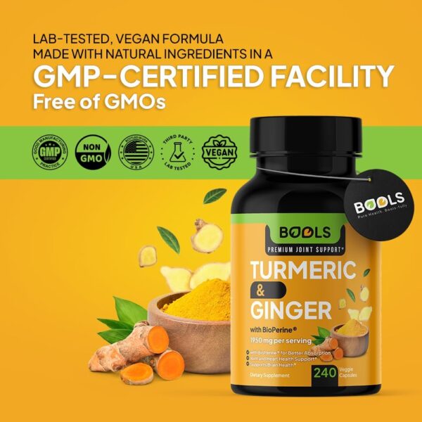 Turmeric Curcumin Supplement with BioPerine & Ginger, Turmeric Curcumin with Black Pepper 1950mg for Max Absorption Joint Support- Non-GMO Turmeric Supplement, Vegan, 240 Capsules - Image 7