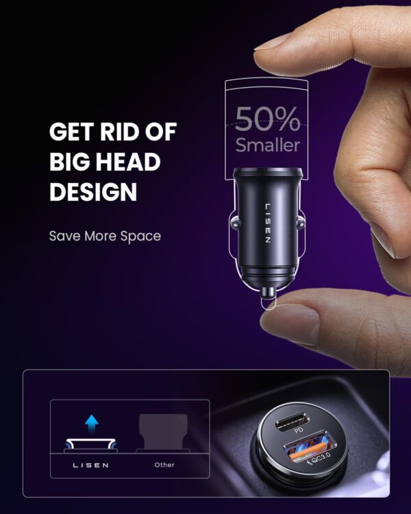 LISEN USB C Car Charger [54W] [Flush Fit] Cigarette Lighter Adapter USB Charger, 36W PD 3.0 2 Port Type C Car Adapter, iPhone Car Charger, for iPhone 15/14/13/12 Series, Samsung S23/S22/S21, iPad - Image 8