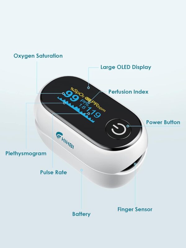 HIHBI AOJ-70B Pulse oximeter, blood oxygen meter finger (SpO2) with Plethysmograph and Perfusion Index, portable OLED color display and battery included. - Image 4