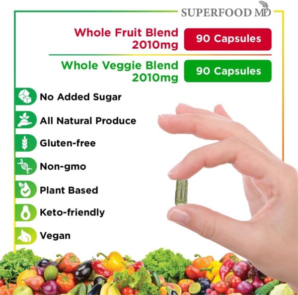 Superfood MD Fruits and Veggies Supplement - 90 Fruit and 90 Veggie Capsules - Supports Energy Levels, High Lycopene, Vitamins & Minerals -Made in The USA - 90 Count (Pack of 2) - Image 6