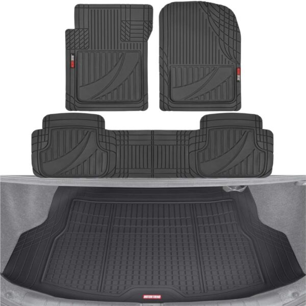 Motor Trend FlexTough Advanced Black Rubber Floor Mats with Cargo Liner Full Set - Front & Rear Combo Trim to Fit for Cars Van SUV, All Weather - Image 2