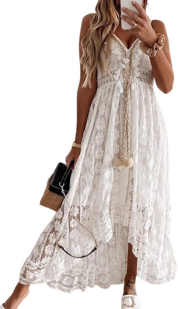 CUPSHE Women's Maxi Dress Lace Dresses Boho Tassel V-Neck Flare Ruffle Adjustable Straps Beach Summer Long Dress - Image 2