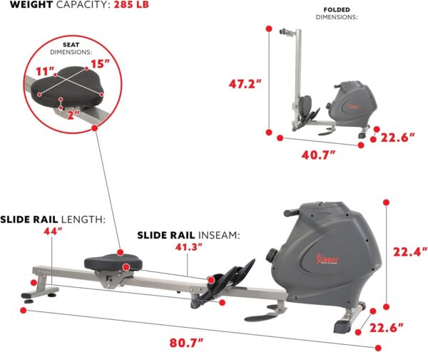 Sunny Health & Fitness Multi-Function Premium Magnetic Rowing Machine, Bicep Curls, Upward Rows, Seated Rows, Foldable Slide Rails, Digital Monitor and Optional Bluetooth with Exclusive SunnyFit App - Image 6