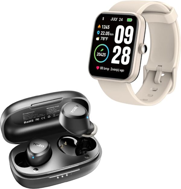 TOZO A1 Mini Wireless Earbuds Black S2 44mm Smart Watch Champagne - Image 2