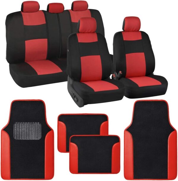 BDK PolyPro Red Car Seat Covers Full Set with 4-Piece Car Floor Mats - Two-Tone Seat Covers for Cars with Carpet, Interior Covers for Auto Truck Van SUV - Image 2