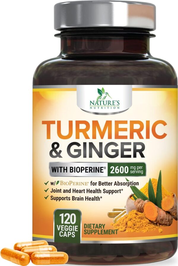 Turmeric Curcumin with BioPerine & Ginger 95% Standardized Curcuminoids 2600mg Black Pepper for Max Absorption Joint Support, Nature's Tumeric Herbal Extract Supplement, Vegan, Non-GMO - 120 Capsules - Image 2