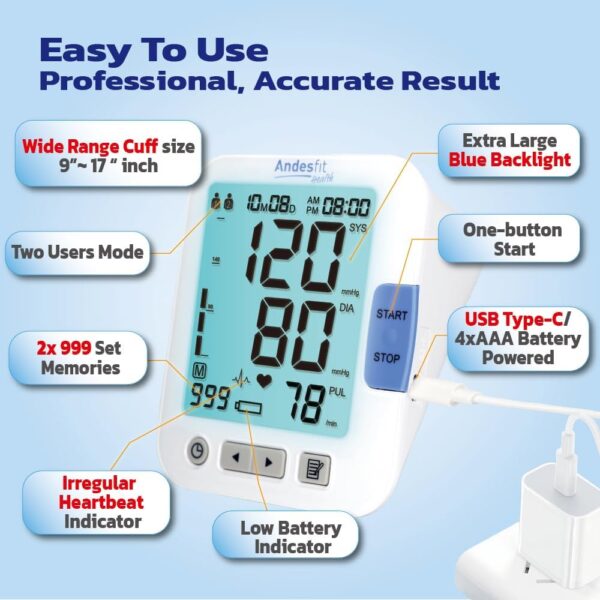 High Accuracy Smart Wireless Blood Pressure Monitor with APP Extra Large Cuff XL 13-21 inch Size Andesfit Automatic Upper Arm for Home use Travel Apple Health Bluetooth Compatible Irregular Heartbeat - Image 5