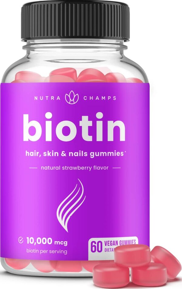 NutraChamps Biotin Gummies 10000mcg [High Potency] for Healthy Hair, Skin & Nails Vitamins for Women, Men & Kids - 5000mcg in Each Hair Vitamins Gummy - Vegan, Non-GMO, Hair Health Supplement - Image 2