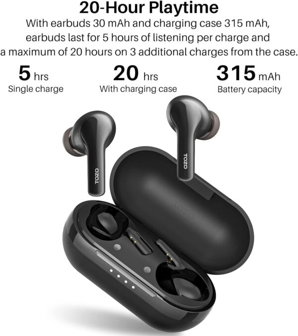 TOZO A2 Mini Wireless Earbuds Bluetooth 5.3 in Ear Light-Weight Headphones Built-in Microphone, IPX5 Waterproof, Immersive Premium Sound Long Distance Connection Headset with Charging Case, Black - Image 5