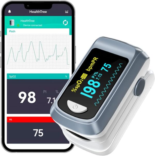 Pulse Oximeter HealthTree Oxygen Monitor Fingertip, Pulse Ox with Free APP O2, Pulse Oximeter Finger and Heart Rate Monitor, 2 X AAA Batteries, Lanyard - Image 2