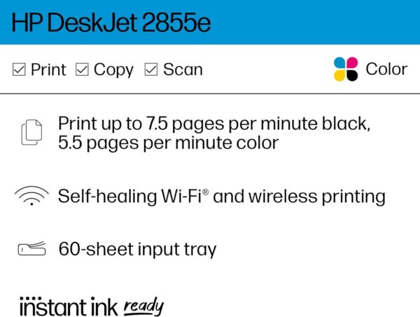 HP DeskJet 2855e Wireless All-in-One Color Inkjet Printer, Scanner, Copier, Best for home, 3 months of ink included (588S5A) - Image 3