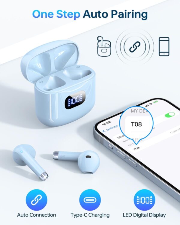 Wireless Earbuds, Bluetooth 5.3 Headphones 40Hrs Playtime with Charging Case, IPX5 Waterproof Stereo in-Ear Earphones with Microphone for iOS Android Cell Phone Sports Workout, Blue - Image 3