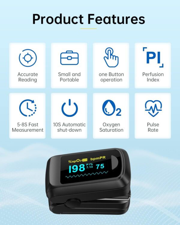 Fingertip Pulse Oximeter Blood Oxygen Monitor Pulse Ox, Heart Rate and Fast Spo2 Reading Oxygen Meter with OLED Screen Included Batteries and Lanyard - Image 6