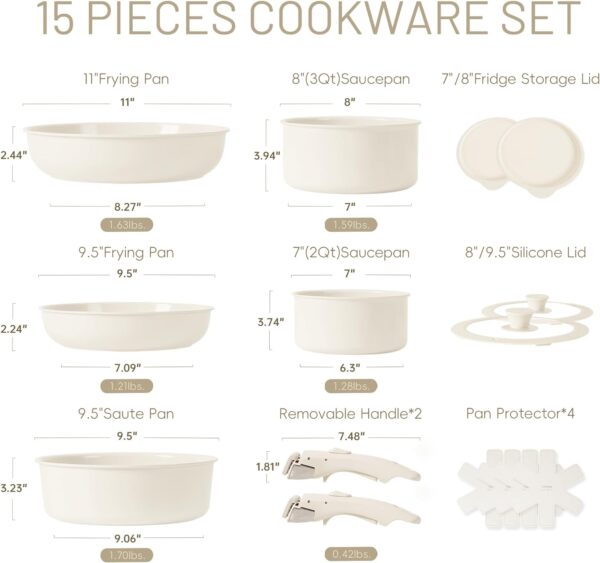 CAROTE 15pcs Pots and Pans Set, Ceramic Cookware Set Detachable Handle, Induction Nonstick Kitchen Cookware Sets with Removable Handle, Non Stick RV Cookware Set, Dishwasher/Oven Safe Cookware Set - Image 3