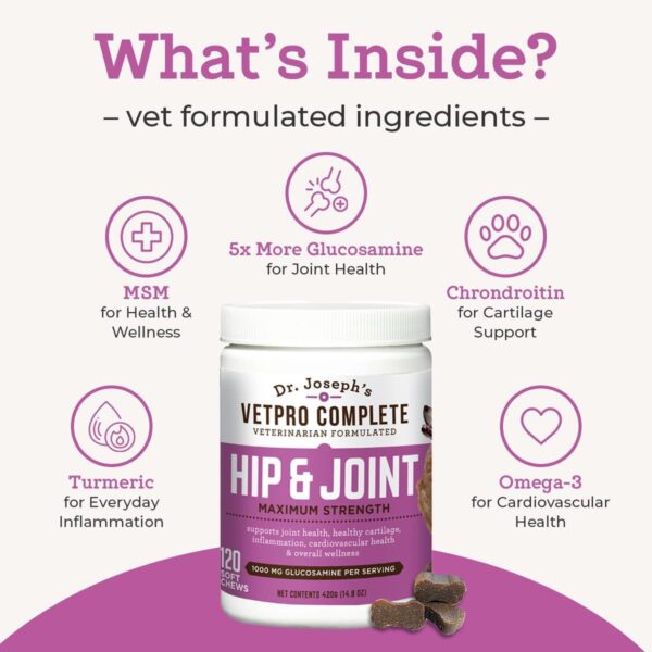 VetPro Dog Hip and Joint Supplement - Pain and Inflammation Relief Chews with Glucosamine, Chondroitin, MSM, Turmeric, Vitamin C, Omega 3 - Treats Hip Dysplasia, Arthritis - Dogs Chewable Supplements - Image 5