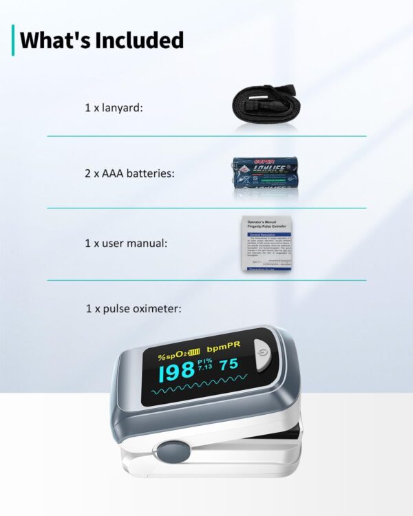 Pulse Oximeter HealthTree Oxygen Monitor Fingertip, Pulse Ox with Free APP O2, Pulse Oximeter Finger and Heart Rate Monitor, 2 X AAA Batteries, Lanyard - Image 10