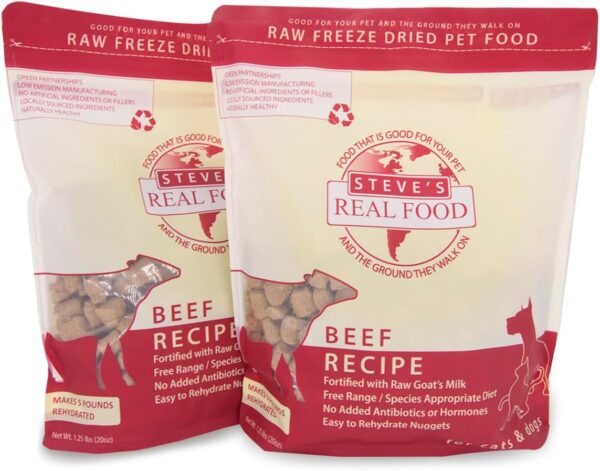 Steve’s Real Food Freeze-Dried Raw Food Diet for Dogs and Cats, 2-Pack, Beef Recipe, 1.25 lbs in each bag, Made in the USA, Pour and Serve Nuggets, Grass Fed & Free Range - Image 2