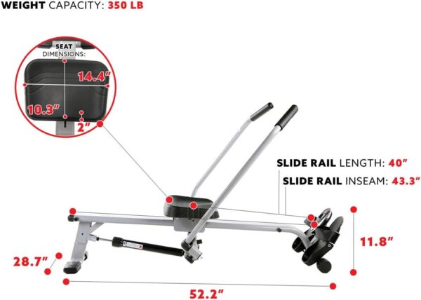 Sunny Health & Fitness Smart Compact Full Motion Rowing Machine, Full-Body Workout, Low-Impact, Extra-Long Rail, 350 LB Weight Capacity and Optional SunnyFit® App Enhanced Connectivity - Image 6