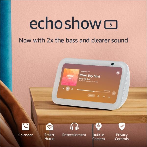 Echo Show 5 (3rd Gen, 2023 release) | Smart display with 2x the bass and clearer sound | Glacier White - Image 2