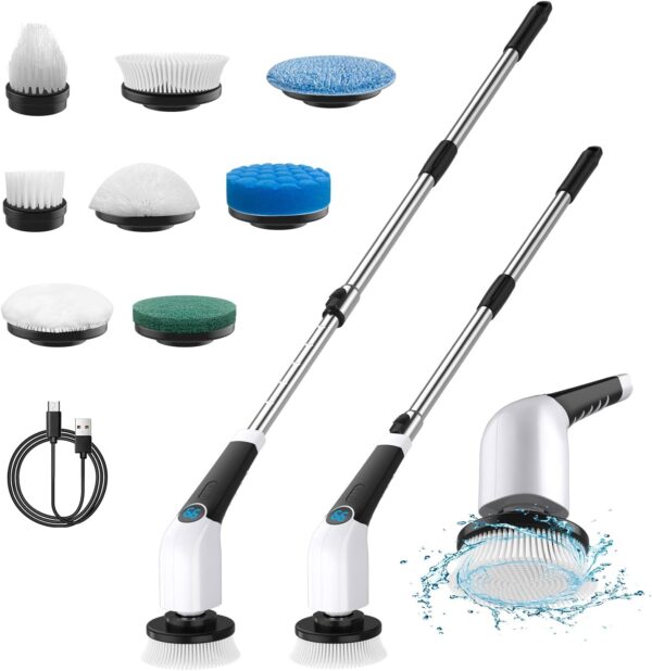 Leebein Electric Spin Scrubber, Cordless Cleaning Brush with 8 Replaceable Brush Heads & Adjustable Extension Handle & 3 Rotating Speeds, Power Cleaning Brush for Bathroom/Tub (ANS-8051) - Image 2