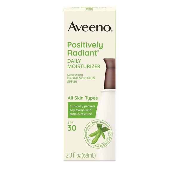 Aveeno Positively Radiant Daily Facial Moisturizer with Broad Spectrum SPF 30 Sunscreen & Soy, Helps Improves Skin Tone & Texture, Hypoallergenic, Oil-Free & Non-Comedogenic, 2.3 fl. oz - Image 3