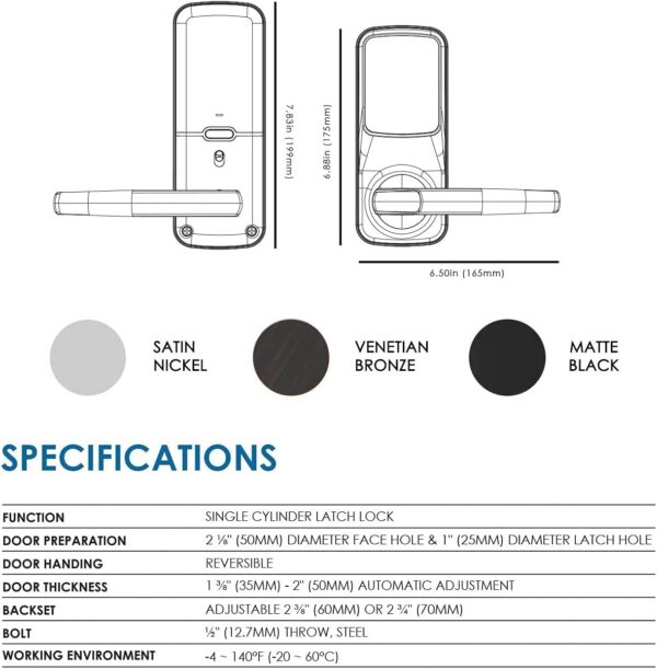 Lockly Secure Plus Latch, Bluetooth Smart Lock with Handle, Keyless Entry Door Lock, PIN Genie® Keypad, 3D Biometric Fingerprint Sensor, Auto Lock - Matte Black (PGD628FMB) - Image 9