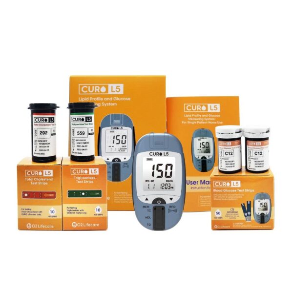 All in One CURO Home Blood Cholesterol Test Kit (L5 Device + 10 Total Cholesterol Strips + 10 Triglycerides Strips + 50 Glucose Strips Included) - Image 2