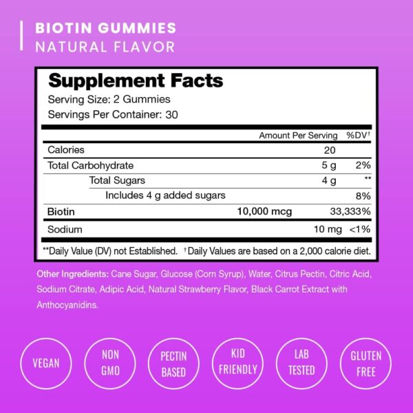 NutraChamps Biotin Gummies 10000mcg [High Potency] for Healthy Hair, Skin & Nails Vitamins for Women, Men & Kids - 5000mcg in Each Hair Vitamins Gummy - Vegan, Non-GMO, Hair Health Supplement - Image 3