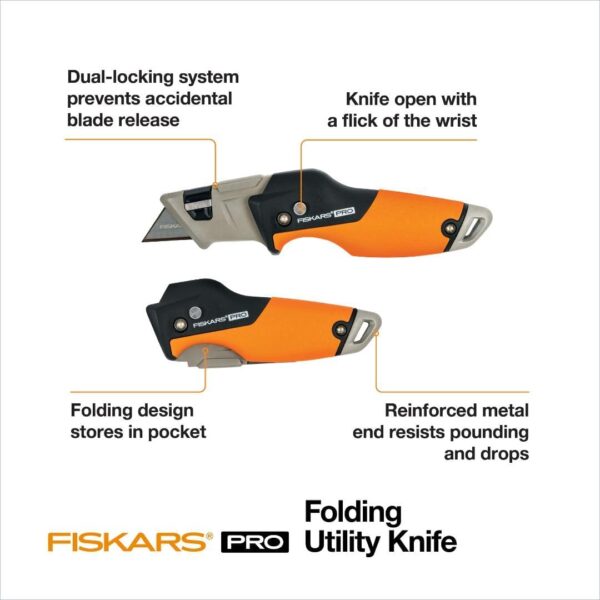 Fiskars Pro Retractable Folding Utility Knife - Box Cutter with CarbonMax Blade- Work Gear - Orange/Black - Image 4