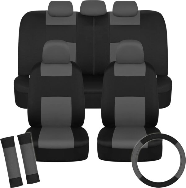 BDK PolyPro Car Seat Covers Full Set in Charcoal on Black with Steering Wheel Cover & Seat Belt Pads – Front and Rear Split Bench Car Seat Cover, Easy to Install, Interior Covers for Auto Truck SUV - Image 2