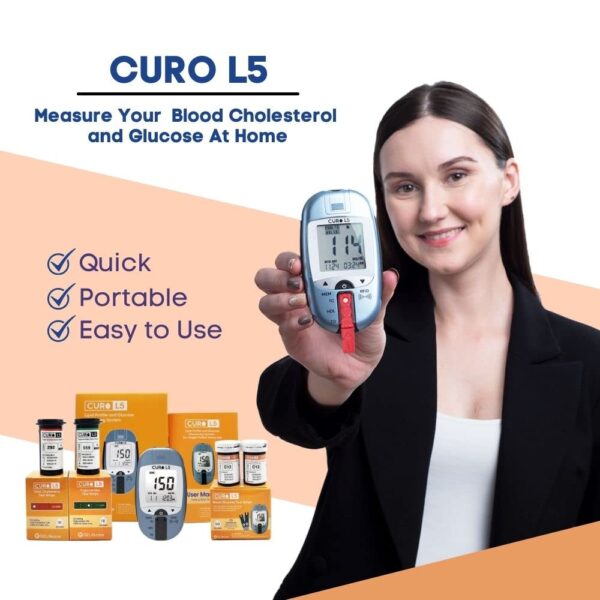 All in One CURO Home Blood Cholesterol Test Kit (L5 Device + 10 Total Cholesterol Strips + 10 Triglycerides Strips + 50 Glucose Strips Included) - Image 3