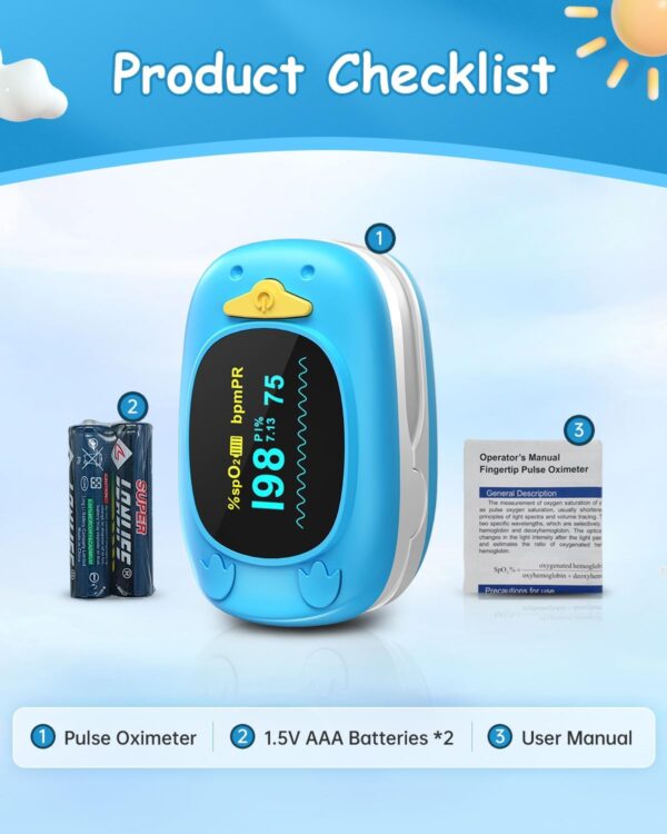 Children Fingertip Pulse Oximeter Blood Oxygen Saturation Monitor for Child Kids Portable Oxygen Monitor with OLED Screen Included 2AAA Batteries - Image 9