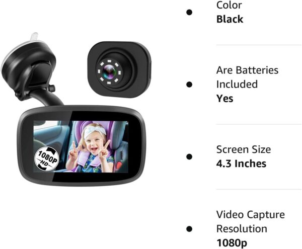 1080P Baby Car Mirror, Shybaby 4.3'' Baby Car Camera Monitor 170° Wide View, HD Night Vision Function and Reusable Sucker Bracket, Safety Rear Facing Car Set Camera Infants Kids Toddlers Black - Image 8