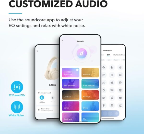 Soundcore by Anker Q20i Hybrid Active Noise Cancelling Headphones, Wireless Over-Ear Bluetooth, 40H Long ANC Playtime, Hi-Res Audio, Big Bass, Customize via an App, Transparency Mode (White) - Image 5