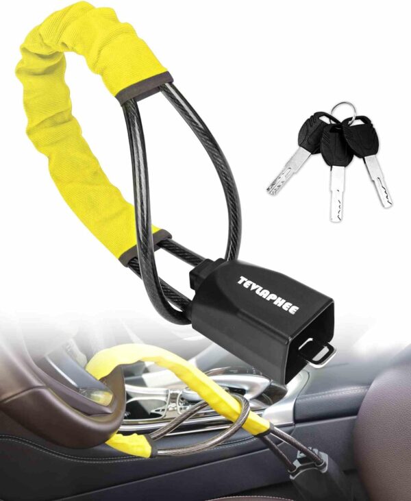 Tevlaphee Steering Wheel Lock Seat Belt Lock Universal Anti Theft Car Device Car Lock Car Theft Prevention with 3 Keys for Car Security Fit Most Vehicles Truck SUV Van(Yellow) - Image 2